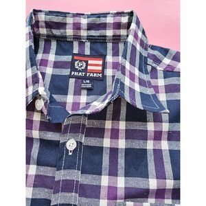 Vtg Phat Farm blue/purple plaid‎ short sleeve button up shirt. Size L